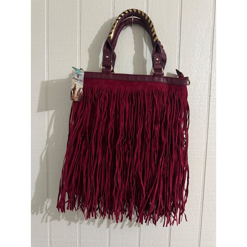 Heritage West Western Handbag Burgundy Fringe Tote Bag Gold Whipstitch New